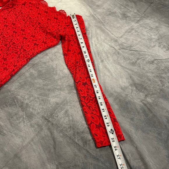 Red Lace Top Women Medium Long Sleeves Shear Floral Lace Romantic Coquette Comfy - Picture 7 of 7